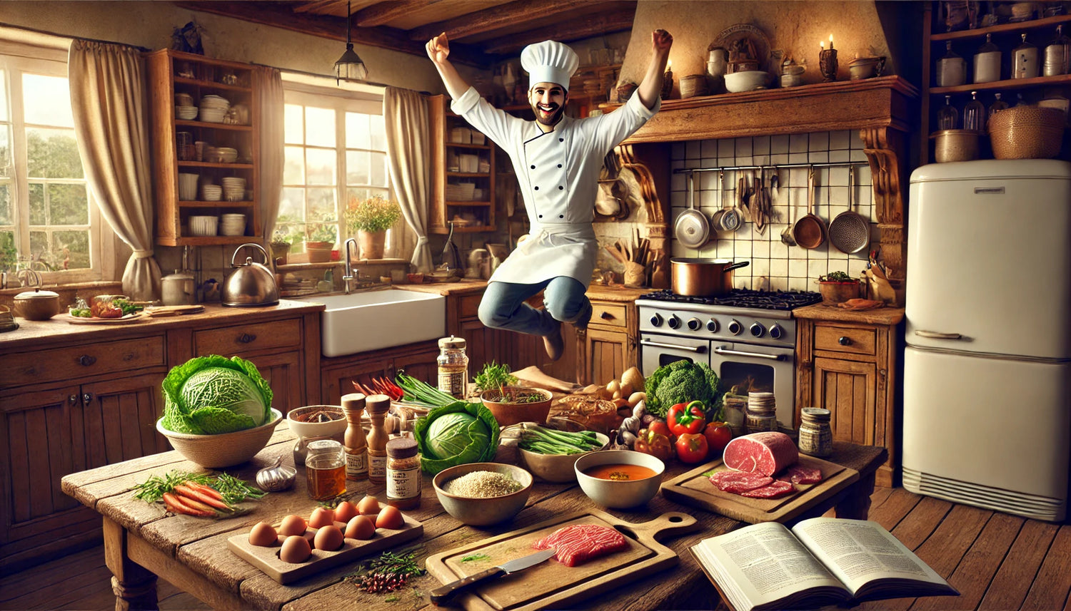 A warm, cozy kitchen with a wooden counter filled with prepped ingredients ready to be cooked. The scene includes freshly chopped vegetables, bowls of spices, raw meat on a cutting board, and a pot simmering on the stove. A rustic ambiance with soft lighting, warm wooden cabinets, and a window letting in natural light. The kitchen feels inviting and homely, with a cup of tea and a cookbook open on the side. A highly realistic chef, with natural human features, wearing a traditional white chef's hat and an a